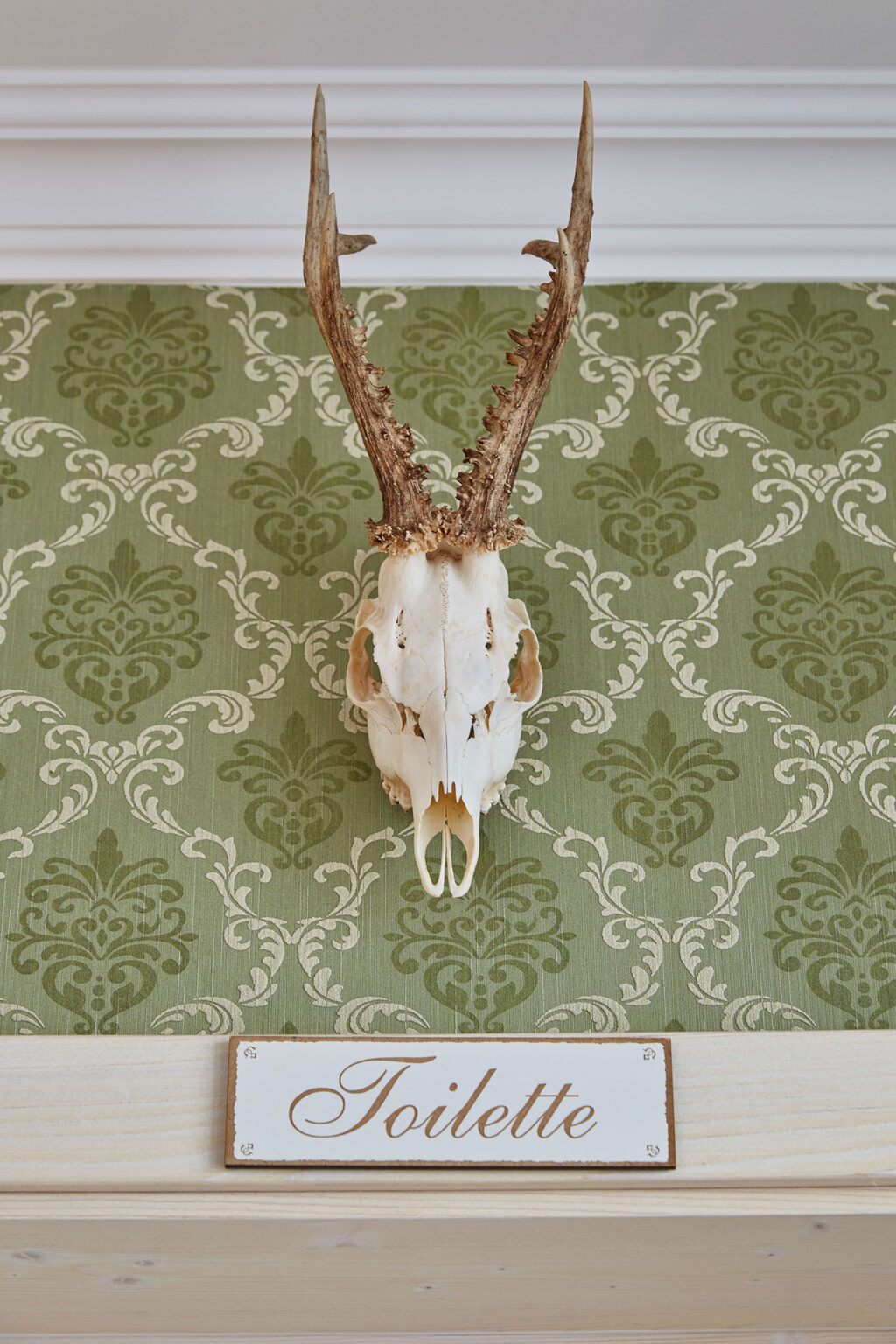 Ein Hirschschädel mit Geweih ist an einer grün gemusterten Tapete befestigt. Darunter befindet sich ein Schild mit der Aufschrift 'Toilette'. Die Wand hat ein traditionelles Design und das Schild ist in einer eleganten Schriftart gehalten.